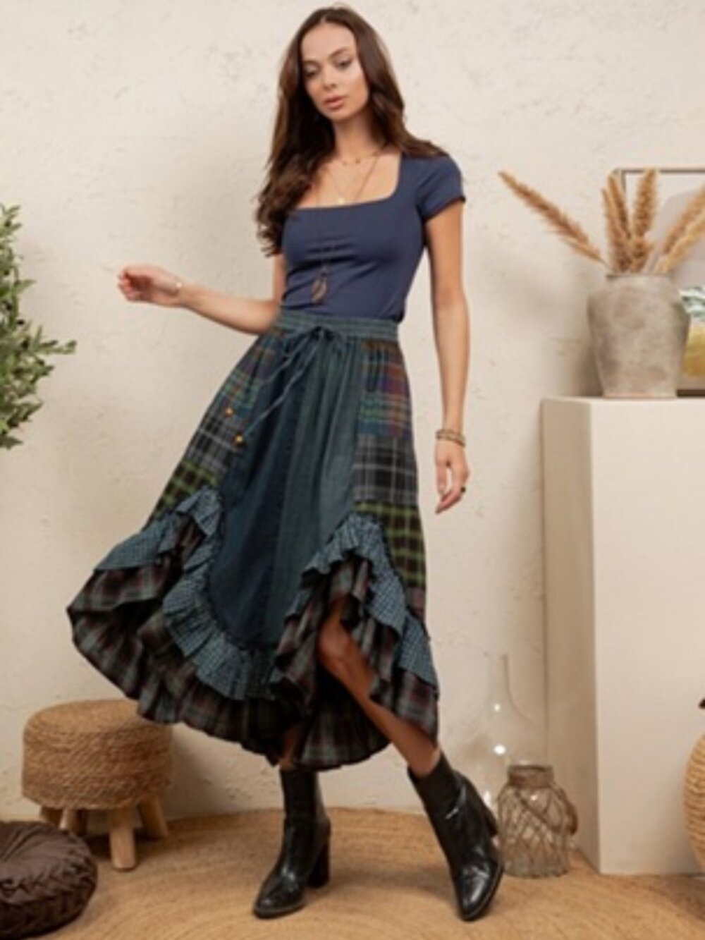 BOHO DENIM PLAID PATCHWORK MIDI SKIRT-RUFFLE HEM/FALL DROP